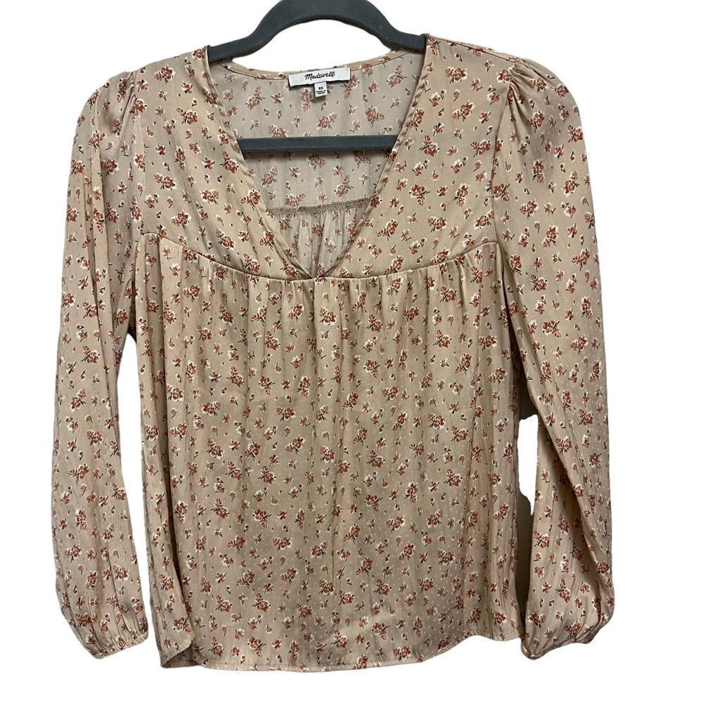 Madewell Baby’s Breath Satin Floral Long Sleeve V-Neck Size XS